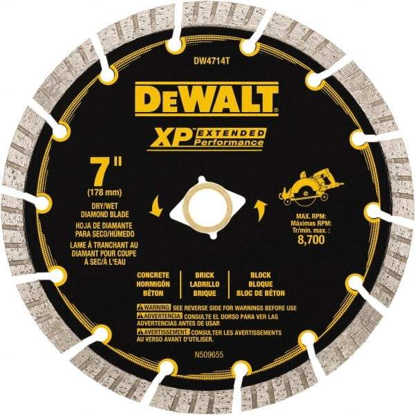 DeWALT - 7" Diam, 5/8" Arbor Hole Diam, 14 Tooth Wet & Dry Cut Saw Blade - Diamond Matrix, Fast Cutting Action, Standard Round Arbor - Makers Industrial Supply