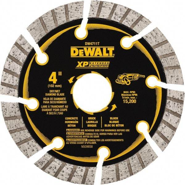 DeWALT - 4" Diam, 7/8" Arbor Hole Diam, 8 Tooth Wet & Dry Cut Saw Blade - Diamond Matrix, Fast Cutting Action, Standard Round Arbor - Makers Industrial Supply