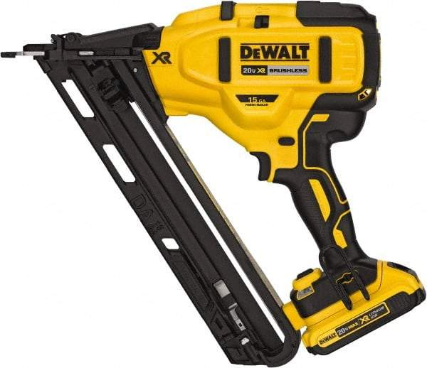 DeWALT - Cordless Finish Nailer Kit - 15 Gauge Nail Diam, 1-1/4 to 2-1/2" Long Nail, Includes DCB203 2Ah Battery, Carry Bag & Charger - Makers Industrial Supply