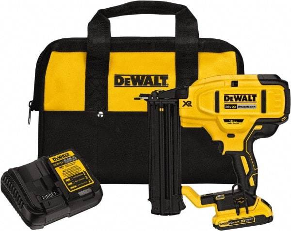 DeWALT - Cordless Brad Nailer Kit - 18 Gauge Nail Diam, 5/8 to 2-1/8" Long Nail, Includes DCB203 2Ah Battery, Carry Bag & Charger - Makers Industrial Supply