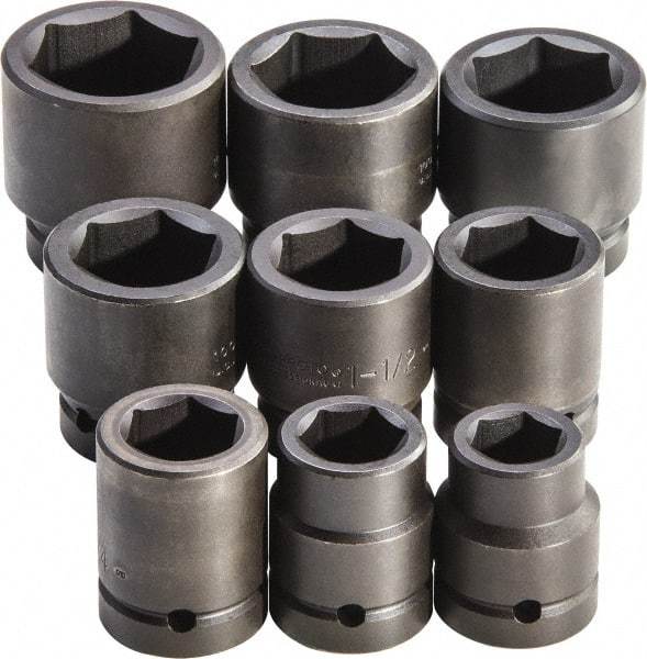 Proto - 9 Piece 1" Drive Full Polish Finish Impact Socket Set - 6 Points, 1" to 2" Range, Inch Measurement Standard - Makers Industrial Supply