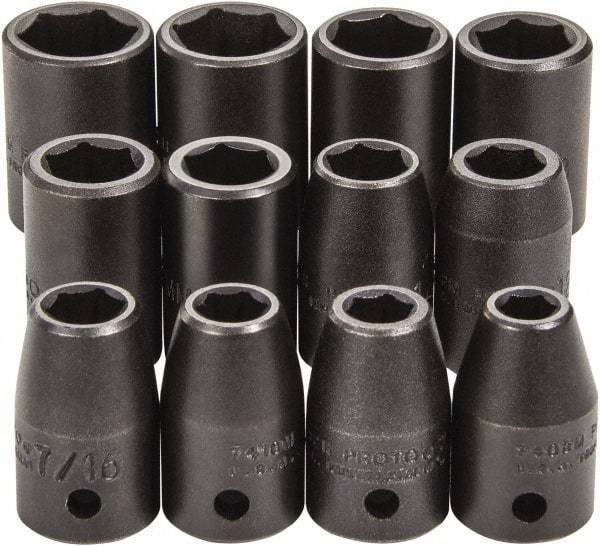 Proto - 12 Piece 1/2" Drive Full Polish Finish Impact Socket Set - 6 Points, 3/4" to 3/4" (8mm to 19mm) Range, Inch/Metric Measurement Standard - Makers Industrial Supply