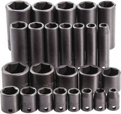 Proto - 25 Piece 3/8" Drive Full Polish Finish Deep Well Impact Socket Set - 6 Points, 1" to 1" Range, Inch Measurement Standard - Makers Industrial Supply