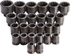 Proto - 26 Piece 3/4" Drive Full Polish Finish Impact Socket Set - 12 Points, 17mm to 50mm Range, Metric Measurement Standard - Makers Industrial Supply