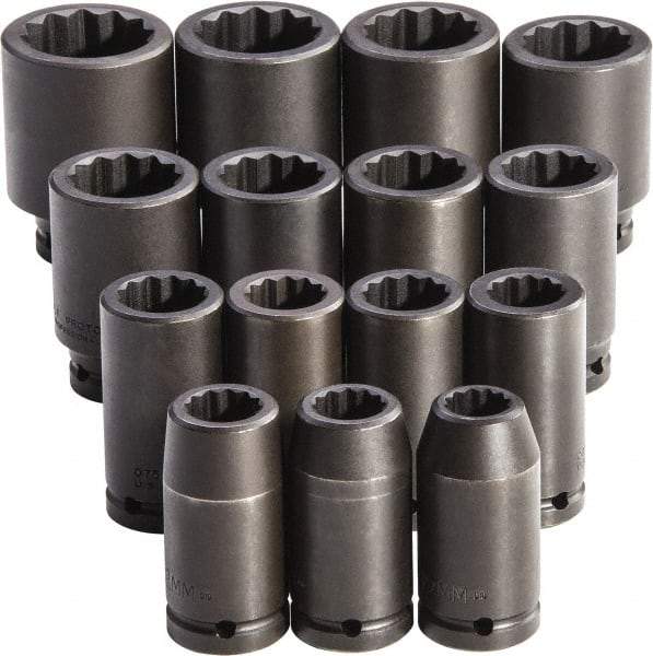 Proto - 15 Piece 3/4" Drive Full Polish Finish Deep Well Impact Socket Set - 12 Points, 19mm to 43mm Range, Metric Measurement Standard - Makers Industrial Supply