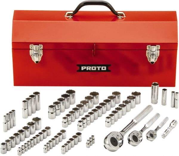 Proto - 81 Piece 1/4", 3/8" & 1/2" Drive Full Polish Finish Deep Well Socket Set - 6, 12 Points, 1/4" to 13/16" (4mm to 19mm) Range, Inch/Metric Measurement Standard - Makers Industrial Supply