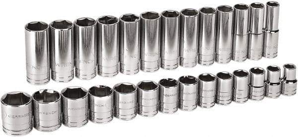 GearWrench - 27 Piece 1/2" Drive Chrome Finish Deep Well Socket Set - 6 Points, 7/16" to 1-1/2" Range, Inch Measurement Standard - Makers Industrial Supply