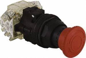 Schneider Electric - 30mm Mount Hole, Extended Mushroom Head, Pushbutton Switch with Contact Block - Round, Red Pushbutton, Maintained (MA) - Makers Industrial Supply