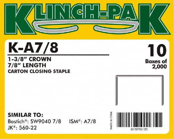 Klinch-Pak - 7/8" Long x 1-3/8" Wide, 0 Gauge Wide Crown Construction Staple - Steel, Copper Finish, Chisel Point - Makers Industrial Supply