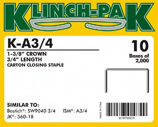 Klinch-Pak - 3/4" Long x 1-3/8" Wide, 0 Gauge Wide Crown Construction Staple - Steel, Copper Finish, Chisel Point - Makers Industrial Supply