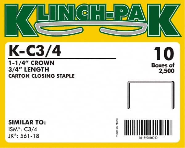 Klinch-Pak - 3/4" Long x 1-1/4" Wide, 0 Gauge Wide Crown Construction Staple - Steel, Copper Finish, Chisel Point - Makers Industrial Supply