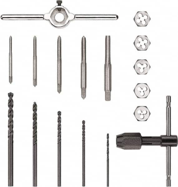 DeWALT - M3x0.50 to M3x0.50 Tap, M3x0.50 to M3x0.50 Die, Metric Coarse, Tap and Die Set - Carbon Steel, Carbon Steel Taps, Taper Taps, Nonadjustable, 17 Piece Set - Exact Industrial Supply