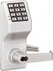 Alarm Lock - Combination Entry Lever Lockset with Key Override - 2-3/4" Back Set, Steel, Brushed Chrome Finish - Makers Industrial Supply