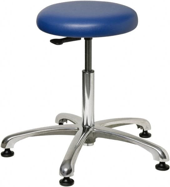 Bevco - 23" Wide x 23" Deep x 18-1/2 to 26" High, Steel Base, Versa Backless Stool Adjustable Height Swivel Stool with Polished Aluminum Base - Vinyl Seat, Blue, Mushroom Glides - Makers Industrial Supply