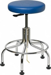 Bevco - 22" Wide x 22" Deep x 19 to 24" High, Steel Base, Versa ESD Backless Adjustable Height Swivel Stool with Chrome Steel Base - Vinyl Seat, Blue, Footring, Mushroom Glides - Makers Industrial Supply