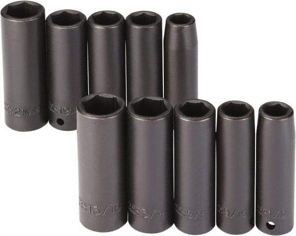 Proto - 10 Piece 1/2" Drive Black Finish Deep Well Impact Socket Set - 6 Points, 1/2" to 13/16" (13mm to 21mm) Range, Inch/Metric Measurement Standard - Makers Industrial Supply