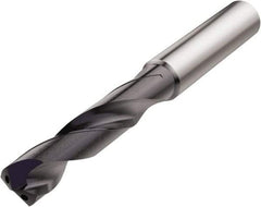 Seco - 8.4mm 140° Spiral Flute Solid Carbide Screw Machine Drill Bit - TiAlN Finish, Right Hand Cut, 47mm Flute Length, 89mm OAL, Conical Point, Straight Shank, Through Coolant - Makers Industrial Supply