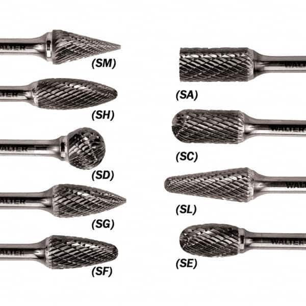 WALTER Surface Technologies - 3/8" Cut Diam, 1/4" Shank Diam, Cylinder Ball End Head Single Cut Burr - Tungsten Carbide, 3/4" LOC, 3-3/4" OAL - Makers Industrial Supply