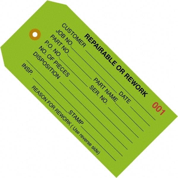 Made in USA - 4-3/4" High x 2-3/8" Long, REPAIRABLE OR REWORK, English Safety & Facility Inspection Tag - Green Cardstock - Makers Industrial Supply