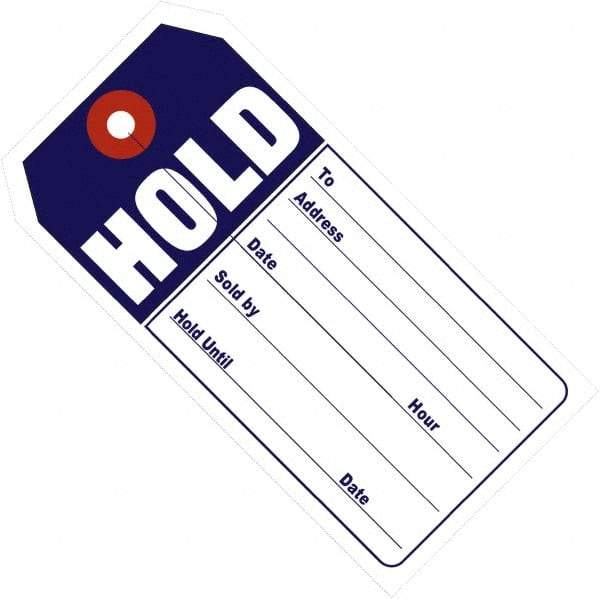 Made in USA - 4-3/4" High x 2-3/8" Long, Hold, English Safety & Facility Retail Tag - Blue & White Cardstock - Makers Industrial Supply