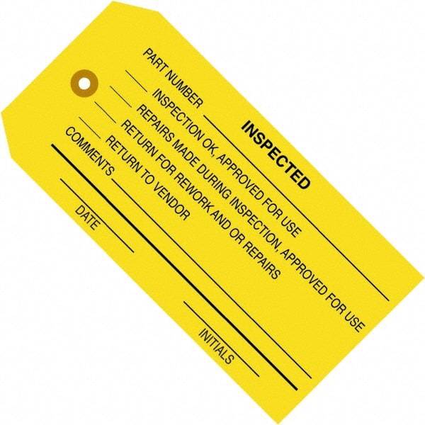 Made in USA - 4-3/4" High x 2-3/8" Long, Inspected, English Safety & Facility Inspection Tag - Yellow Cardstock - Makers Industrial Supply