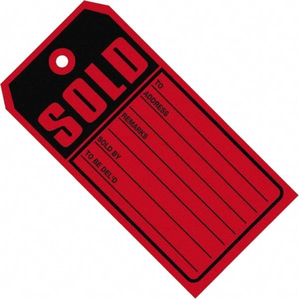 Made in USA - 4-3/4" High x 2-3/8" Long, Sold, English Safety & Facility Retail Tag - Red & Black Cardstock - Makers Industrial Supply