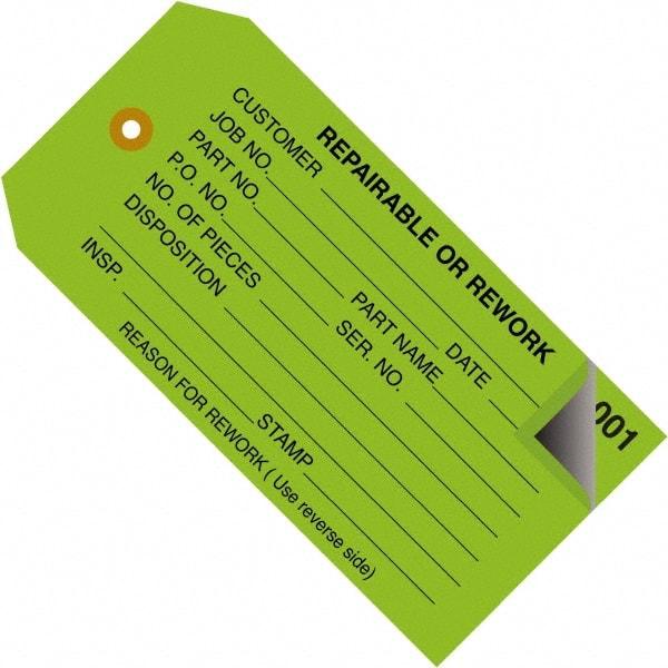 Made in USA - 4-3/4" High x 2-3/8" Long, REPAIRABLE OR REWORK, English Safety & Facility Inspection Tag - Green Cardstock - Makers Industrial Supply