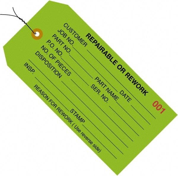 Made in USA - 4-3/4" High x 2-3/8" Long, REPAIRABLE OR REWORK, English Safety & Facility Inspection Tag - Green Cardstock - Makers Industrial Supply