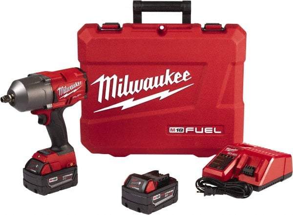 Milwaukee Tool - 1/2" Drive 18 Volt Pistol Grip Cordless Impact Wrench & Ratchet - 1,750 RPM, 0 to 2,100 BPM, 1,000 Ft/Lb Torque, 2 Lithium-Ion Batteries Included - Makers Industrial Supply