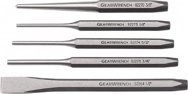 GearWrench - 5 Piece Cold Chisel, Center & Pin Punch Set - 3/8 to 1/2" Chisel, 3/8 to 1/2" Punch, Hex Shank - Makers Industrial Supply