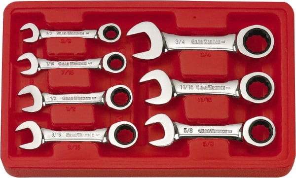 GearWrench - 7 Piece, 3/8" to 3/4", 12 Point Ratcheting Combination Wrench Set - Inch Measurement Standard, Chrome Finish, Comes in Plastic Tray - Makers Industrial Supply