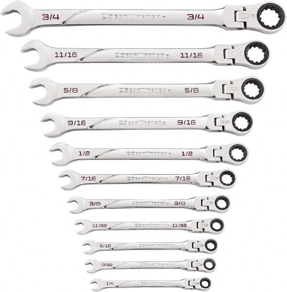 GearWrench - 11 Piece, 1/4" to 3/4", Ratcheting Flexhead Combination Wrench Set - Inch Measurement Standard, Chrome Finish - Makers Industrial Supply