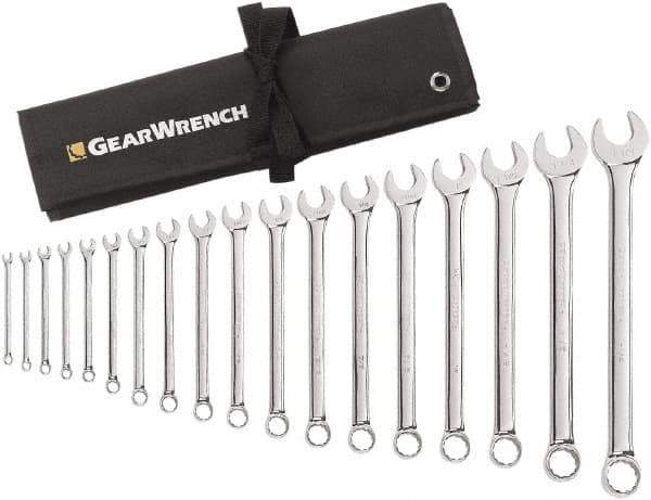 GearWrench - 18 Piece, 1/4" to 1-1/4", 12 Point Combination Wrench Set - Inch Measurement Standard, Chrome Finish, Comes in Roll - Makers Industrial Supply