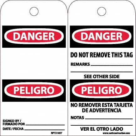 NMC - 6" High x 3" Long, DANGER, English & Spanish Safety & Facility Accident Prevention Tag - Tag Header: Danger, 2 Sides, White Poly - Makers Industrial Supply