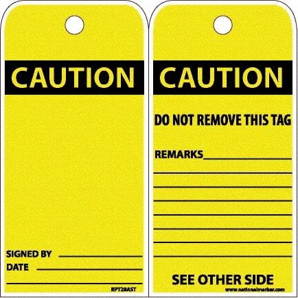 NMC - 6" High x 3" Long, CAUTION, English Safety & Facility Accident Prevention Tag - Tag Header: CAUTION, 2 Sides, White Poly - Makers Industrial Supply