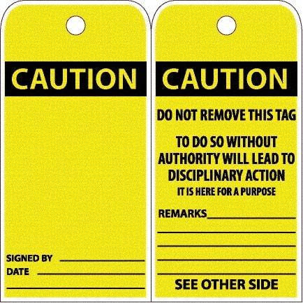 NMC - 6" High x 3" Long, CAUTION, English Safety & Facility Accident Prevention Tag - Tag Header: CAUTION, 2 Sides, White Poly - Makers Industrial Supply