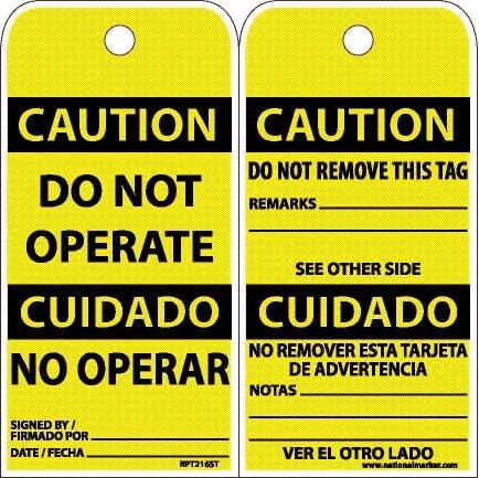 NMC - 6" High x 3" Long, CAUTION - DO NOT OPERATE, English & Spanish Safety & Facility Accident Prevention Tag - Tag Header: CAUTION, 2 Sides, White Poly - Makers Industrial Supply