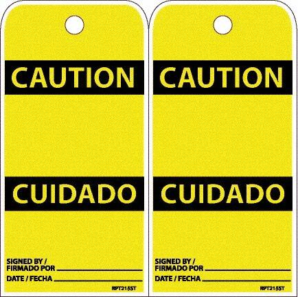 NMC - 6" High x 3" Long, CAUTION, English & Spanish Safety & Facility Accident Prevention Tag - Tag Header: CAUTION, 2 Sides, White Poly - Makers Industrial Supply