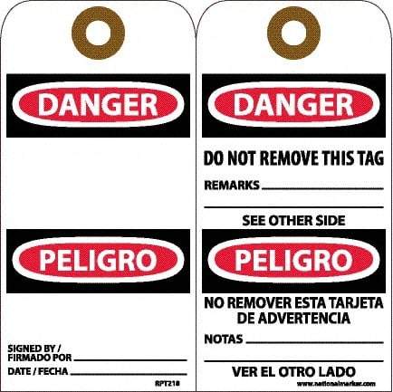 NMC - 6" High x 3" Long, DANGER, English & Spanish Safety & Facility Accident Prevention Tag - Tag Header: Danger, 2 Sides, White Unrippable Vinyl - Makers Industrial Supply