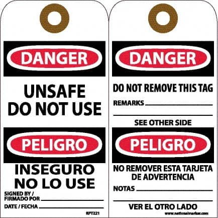 NMC - 6" High x 3" Long, DANGER - UNSAFE DO NOT USE, English & Spanish Safety & Facility Accident Prevention Tag - Tag Header: Danger, 2 Sides, White Unrippable Vinyl - Makers Industrial Supply