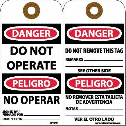 NMC - 6" High x 3" Long, DANGER - DO NOT OPERATE, English & Spanish Safety & Facility Accident Prevention Tag - Tag Header: Danger, 2 Sides, White Unrippable Vinyl - Makers Industrial Supply