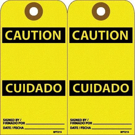 NMC - 6" High x 3" Long, CAUTION, English & Spanish Safety & Facility Accident Prevention Tag - Tag Header: CAUTION, 2 Sides, White Unrippable Vinyl - Makers Industrial Supply