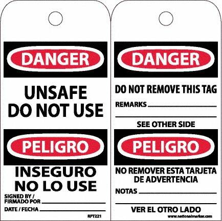 NMC - 6" High x 3" Long, DANGER - UNSAFE DO NOT USE, English & Spanish Safety & Facility Accident Prevention Tag - Tag Header: Danger, 2 Sides, White Unrippable Vinyl - Makers Industrial Supply