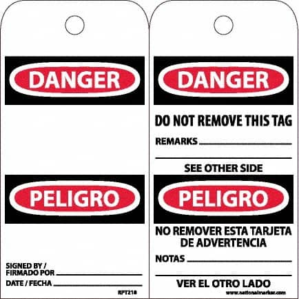 NMC - 6" High x 3" Long, DANGER, English & Spanish Safety & Facility Accident Prevention Tag - Tag Header: Danger, 2 Sides, White Unrippable Vinyl - Makers Industrial Supply