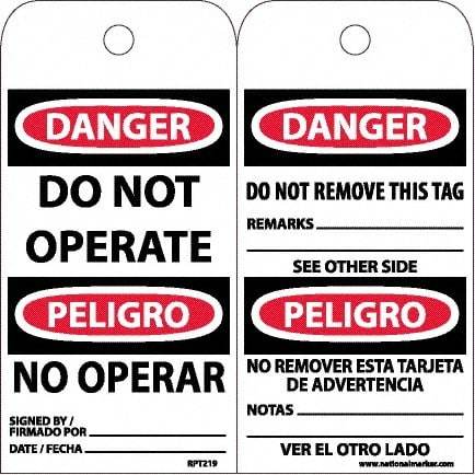 NMC - 6" High x 3" Long, DANGER - DO NOT OPERATE, English & Spanish Safety & Facility Accident Prevention Tag - Tag Header: Danger, 2 Sides, White Unrippable Vinyl - Makers Industrial Supply