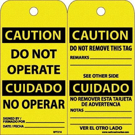 NMC - 6" High x 3" Long, CAUTION - DO NOT OPERATE, English & Spanish Safety & Facility Accident Prevention Tag - Tag Header: CAUTION, 2 Sides, White Unrippable Vinyl - Makers Industrial Supply