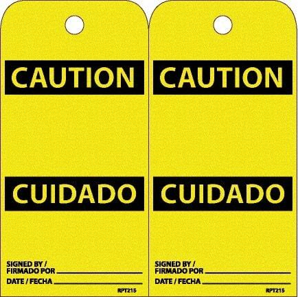 NMC - 6" High x 3" Long, CAUTION, English & Spanish Safety & Facility Accident Prevention Tag - Tag Header: CAUTION, 2 Sides, White Unrippable Vinyl - Makers Industrial Supply