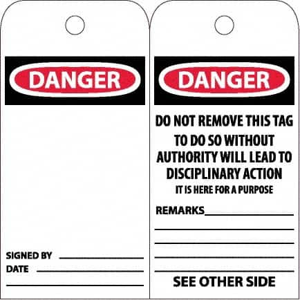 NMC - 6" High x 3" Long, DANGER, English Safety & Facility Accident Prevention Tag - Tag Header: Danger, 2 Sides, White Poly - Makers Industrial Supply