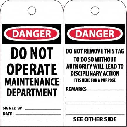 NMC - 6" High x 3" Long, DANGER - DO NOT OPERATE - MAINTENANCE DEPARTMENT, English Safety & Facility Accident Prevention Tag - Tag Header: Danger, 2 Sides, White Poly - Makers Industrial Supply