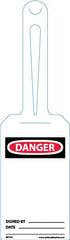 NMC - 11-1/4" High x 3-1/4" Long, DANGER - SIGNED BY____ DATE ____, English Safety & Facility Tag - Tag Header: Danger, 1 Side, White Unrippable Vinyl - Makers Industrial Supply